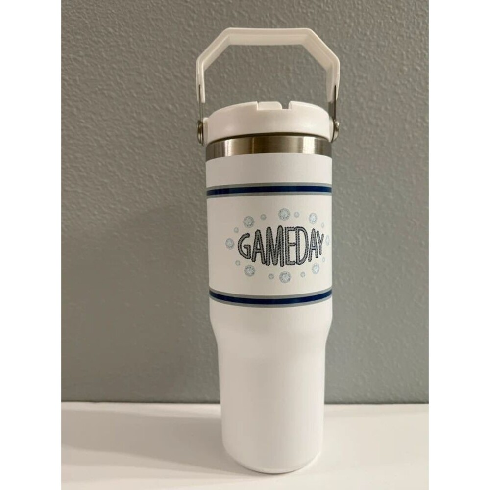 Game Day 32 oz Tumbler White Blue Sports Tailgate Cup with Handle